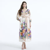 popular New new  retro printing breasted slim-fitting long Popular gas bubble sleeve dress temperament dress