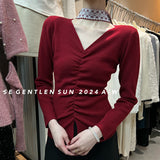 2025 popular autumn new temperament V-neck scarf bottoming shirt long-sleeved knitted sweater women's top women's 25F52