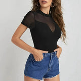 New women's clothing popular summer new temperament black short-sleeved mesh splicing waist and hip lift onesie women