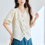 Cotton cocoon  summer new temperament v-neck lace embroidered short-sleeved shirt women's  bubble-sleeved short top