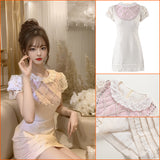 Heavy Industry  Handmade Beaded Premium Dress Women's Summer Lotus Leaf Edge Bubble Sleeve Short Fairy Dress L6081