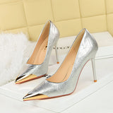 2025 3739-35  fashion women's shoes shallow mouth pointed head thin heel iron head metal pointed head decorative super high heel single shoes