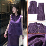Autumn  new beautiful new Chinese style women's purple printed silk vest skirt set M7085