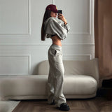 2025 Hot trade wasteland wind letter hooded sweater set women's high-end spring and autumn new street hole zipper set