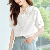 Cotton Cocoon V-Neck Positioning Embroidered Short Sleeve Shirt