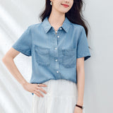 Cotton cocoon, Tencel sunscreen short-sleeved denim shirt women's summer  new commuter Korean version design top