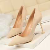 2025 1716-1 Korean version fashionable and sexy pedicure and thin high heels women's shoes thin heels high heels suede light mouth pointed single shoes