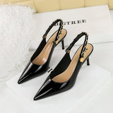 2025 1859-A1  style banquet women's shoes patent leather, shallow mouth, pointed head, hollow back strap, metal chain, high heel single shoes