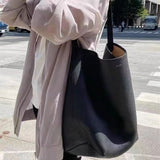 KAMAMES The Row Large-Capacity Bucket Bag Genuine Leather Lychee Pattern Tote Bag New Therow Shoulder Bag for Class Commuting