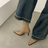 2025  Fashion high-heeled Martin boots  pointed bare boots retro spring and summer new brown short boots white thin women's boots