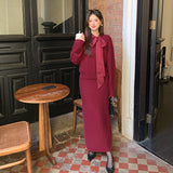 2025 popular autumn and winter new temperament bow knitted top + A-shaped half-length skirt two-piece set 25201