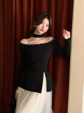 2025 Xiuxixi autumn new temperament small fragrant wind scarf bottoming shirt beaded long-sleeved knitted sweater women's top 25091