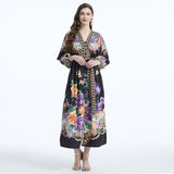 popular New women's clothing court style V-neck lantern sleeves painted and printed long-sleeved lady waist ruffle edge skirt