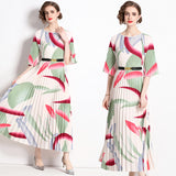 new literary and artistic style niche high-end printing medium sleeve crew neck dress women's large size medium and long dress