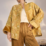 New Chinese style new satin flower embroidered shirt sequined gold high-end temperament top M3006