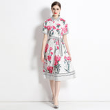 High sense light luxury temperament short sleeve lapel waist a word positioning printed shirt dress elegant dress long dress