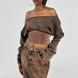 2025 Wasteland wind one-word collar off-the-shoulder pullover knitted sweater for women's high-end sense spring new made old curled waist knitted sweater