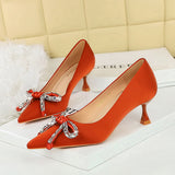 2025 1961-H61  style light luxury rhinestone bow pointed head thin heel middle heel satin single shoes wine glass and women's single shoes