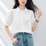 Cotton cocoon, small square collar white shirt women's short sleeves  summer new pure cotton top Korean version casual women's shirt