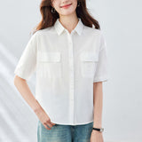 Cotton cocoon  summer new Korean version short-sleeved shirt women's Korean version loose double pockets thin versatile medium-sleeved v-neck