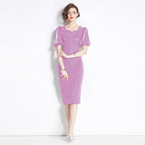 Haute Sense Heavy Industry Nail Drilled Feather Fringed Crew Neck Dress Women's Skinny Temperament Bubble Sleeve Dress Long Dress