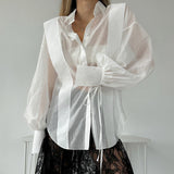 2025 Autumn and winter Russian white classic retro sexy commuting perspective temperament mesh loose long-sleeved lace-up shirt