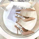 kamames D High Version Women's Chic Strap Sandals Summer Stiletto Heel Pointed Toe Kitten Heel Closed Toe Back Open Shoes Striped High Heels