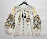 2025 25 early spring new  niche pastoral retro cotton and linen embroidered lantern sleeve doll shirt round neck pullover shirt women