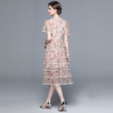Light luxury high-end mesh cake skirt for women's heavy industry nail beads V-neck printed pendulum long skirt short-sleeved waist dress