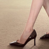 2025  2025 spring new pointed head light mouth patent leather coffee single shoes women's sexy V-mouth professional commuter stiletto high heels