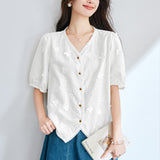 Cotton cocoon  summer new temperament v-neck lace embroidered short-sleeved shirt women's  bubble-sleeved short top