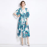 Hot trade chiffon dress women's popular new summer dress printing medium sleeve loose and thin medium and long holiday skirt