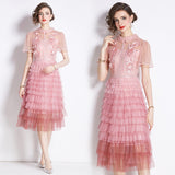 popular new sweet temperament doll collar embroidery high waist thin layer cake gradual change lace dress