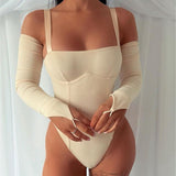 2025 New autumn clothing women's suspender top, sexy slim-fitting one-word collar, solid color chest-showing belt, long-sleeved onesie