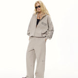2025 Hot trade wasteland wind letter hooded sweater set women's high-end spring and autumn new street hole zipper set