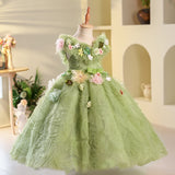 Kamames  Girls' Dress Green Elf Mori Style Flower Birthday Princess Dress Children's Host Catwalk Costume for Piano Performance Spring