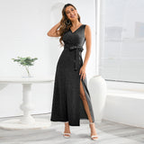 Sexy Sleeveless V-neck Slit Slim-Fit Long Dress Shiny Dress Hot Trade Dress Summer  Women's Clothing plus Size