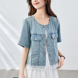Cotton cocoon, lace splicing washed old denim short-sleeved shirt women