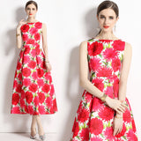 spring and summer new holiday style printing waist and thin elegant temperament sleeveless dress long women