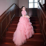 Kamames  Children's High-End Performance Costume Evening Dress Flower Girl Tail Little Girl Tulle Tutu Pink Princess Dress Catwalk Girl Dress