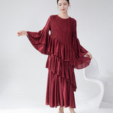 2025 Hot trade dress women's spring and summer high-end round neck horn sleeve cake skirt fashion temperament elegant pleated dress skirt