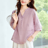 Cotton cocoon, heavy industry embroidered ramie shirt women