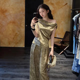summer national style Chinese-style printing high waist fashion wide-leg trousers swing neck sleeveless top set female N4024
