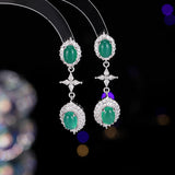 2025 New Chinese light luxury fashion emerald imitation chalcedony zircon earrings long high-end earrings female celebrity style stud earrings