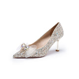 kamames High Heels Wedding Shoes  Summer Silver Bow Crystal Shoes Bride Not Tired Feet Pumps Women