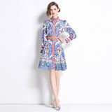 Spring and autumn retro court style long-sleeved stand-up collar waist and thin single-breasted a-word celadon printed dress dress