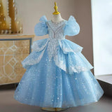 Kamames  Children's Dress  New Blue Color Birthday Princess Dress Girl Host Little Girl Catwalk Costume for Piano Performance