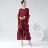 2025 Hot trade dress women's spring and summer high-end round neck horn sleeve cake skirt fashion temperament elegant pleated dress skirt