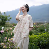 popular elegant, printed shirt ramie niche retro literary floral top women's summer new tea clothes A0511