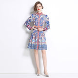 Spring and autumn retro court style long-sleeved stand-up collar waist and thin single-breasted a-word celadon printed dress dress